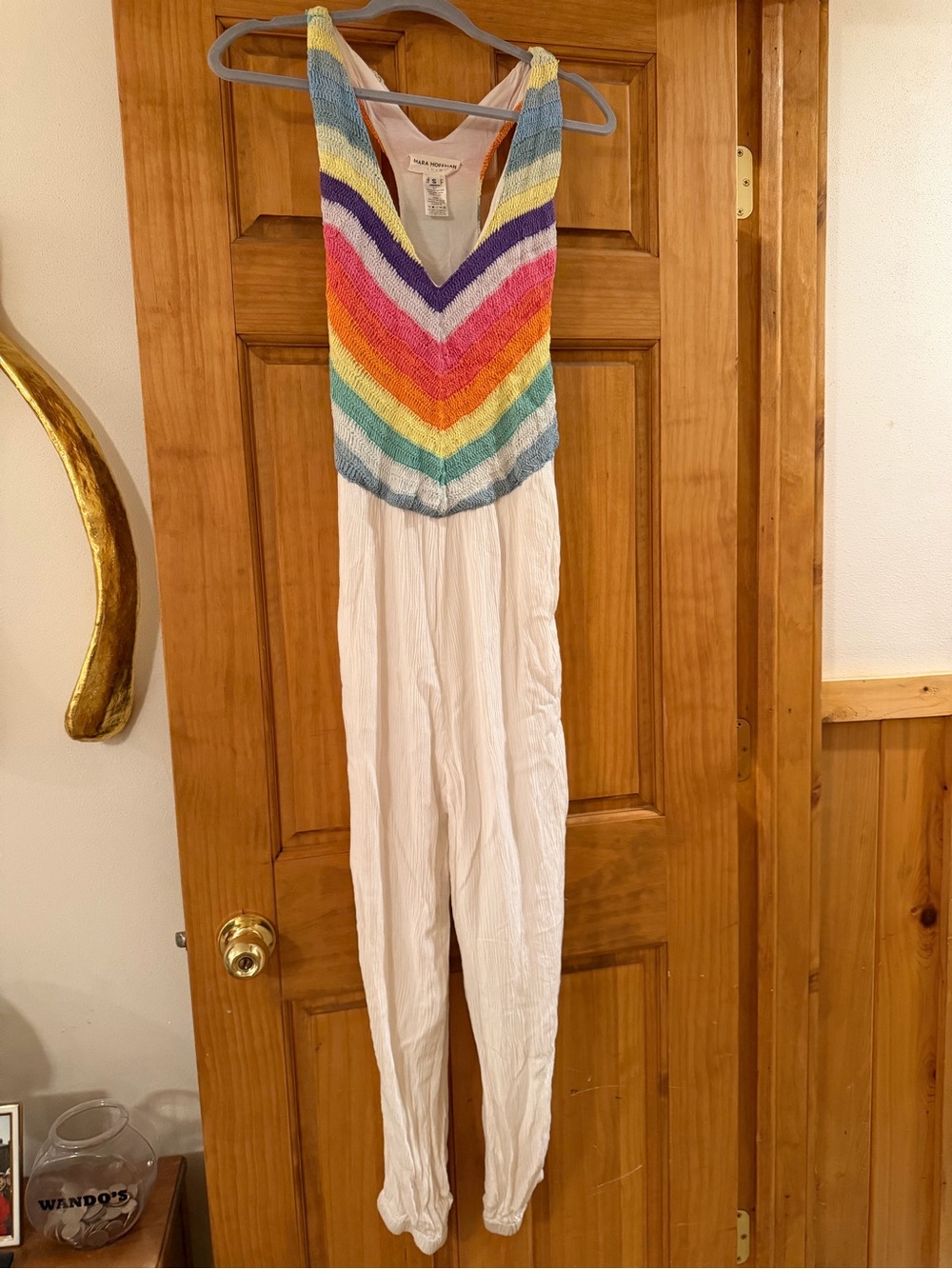 Woman’s Rainbow Knit Top White One-Piece Gauze Jumpsuit